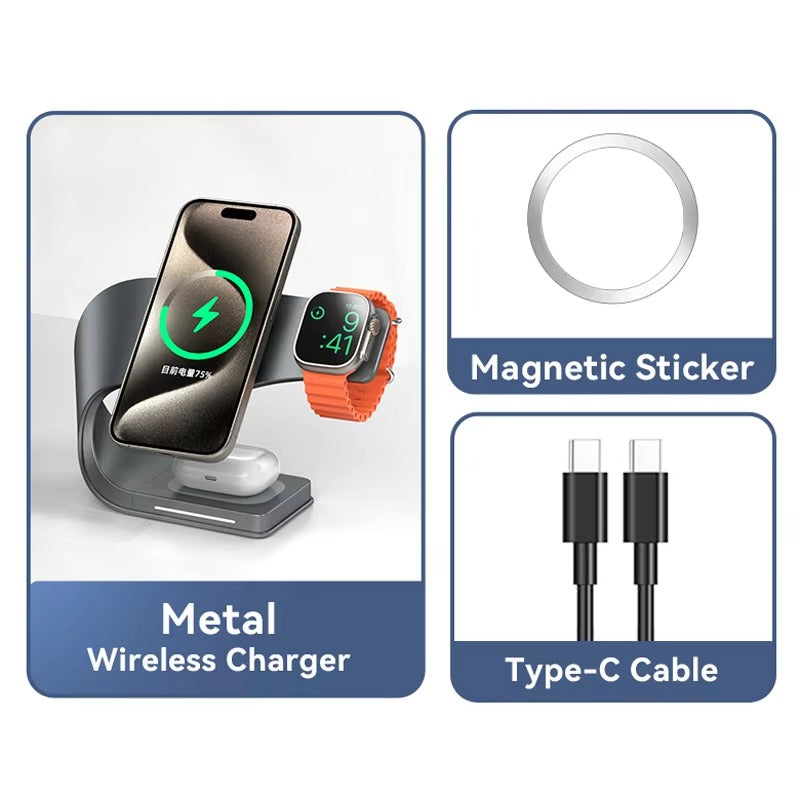 Premium iPhone 4-in-1 Magnetic Wireless Charging Station, 15W Fast-Charge Metal Stand for Phone, Watch & Earbuds with LED Indicator