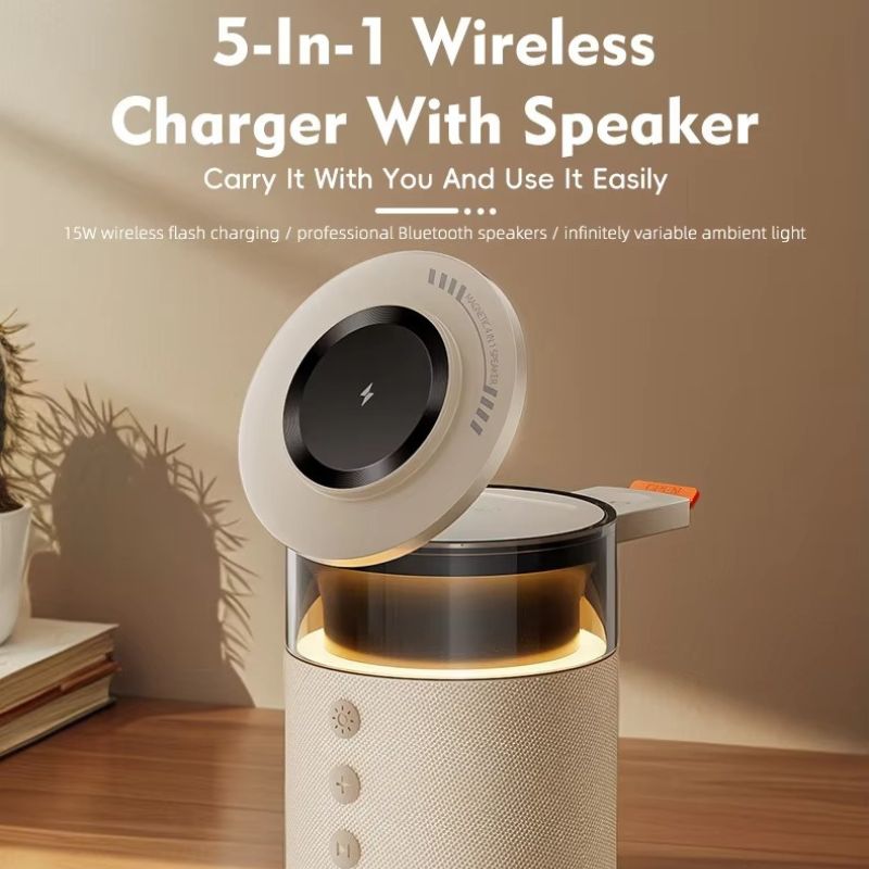 Premium iPhone 5-in-1 Magnetic Wireless Charging Station, 15W Fast-Charge Stand with Bluetooth Speaker, Night Light & Multi-Device Support