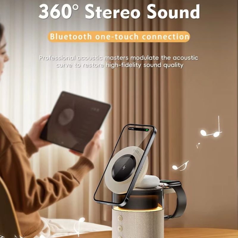 Premium iPhone 5-in-1 Magnetic Wireless Charging Station, 15W Fast-Charge Stand with Bluetooth Speaker, Night Light & Multi-Device Support