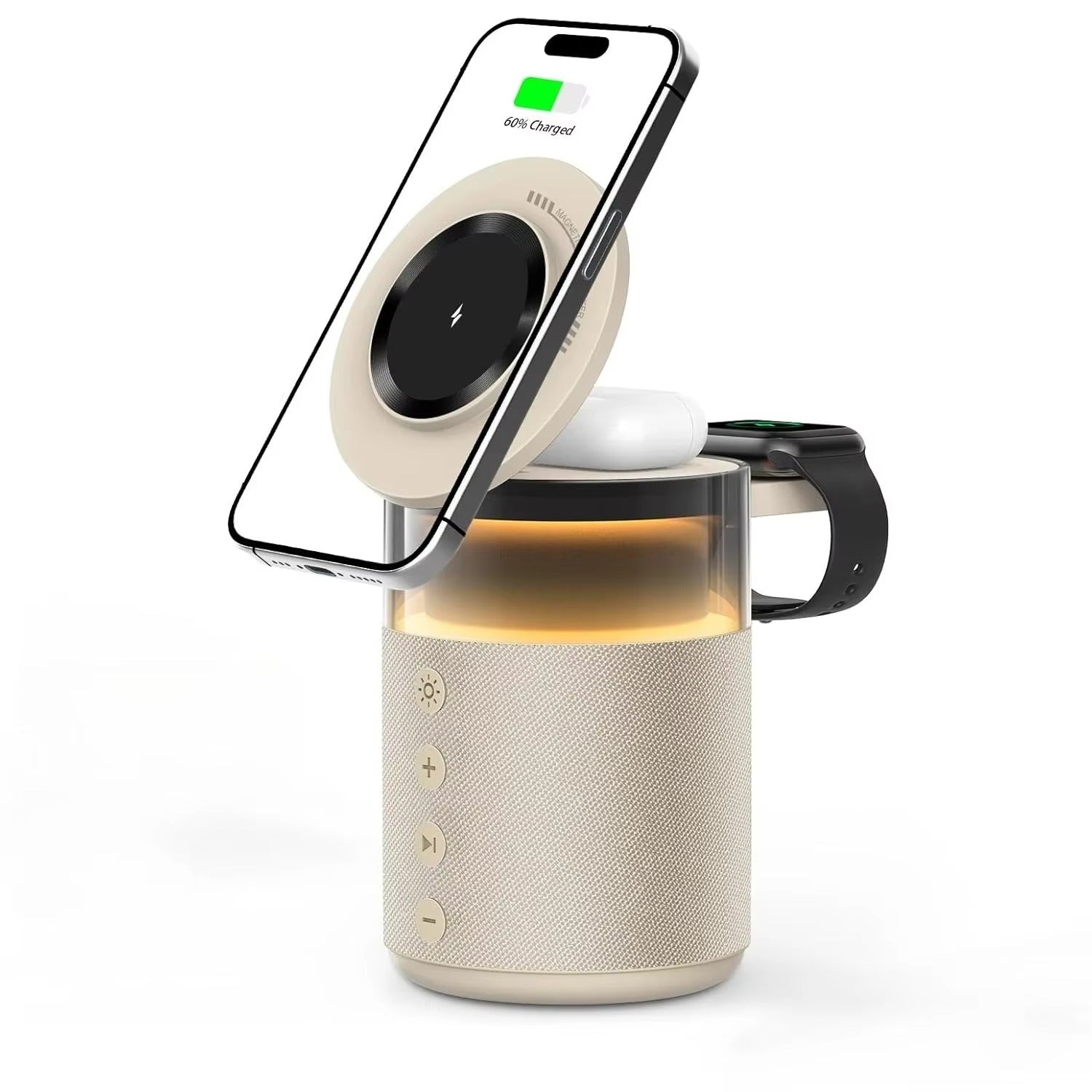 Premium iPhone 5-in-1 Magnetic Wireless Charging Station, 15W Fast-Charge Stand with Bluetooth Speaker, Night Light & Multi-Device Support