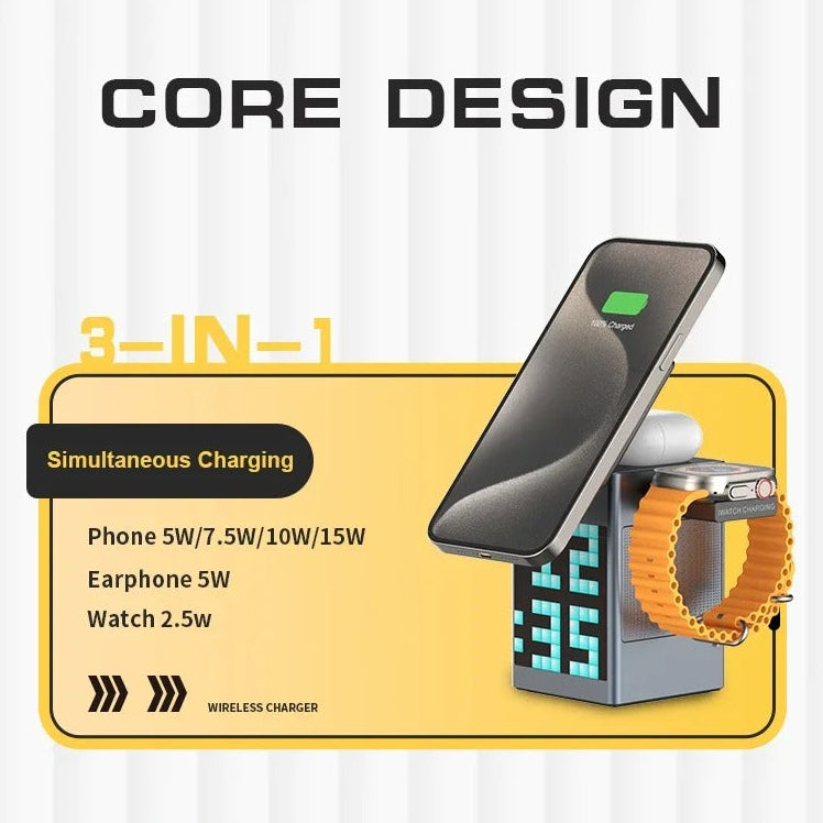 Premium iPhone 6-in-1 Magnetic Wireless Charging Station, 15W Fast-Charge Stand with Bluetooth Speaker, Alarm Clock & Multi-Device Support