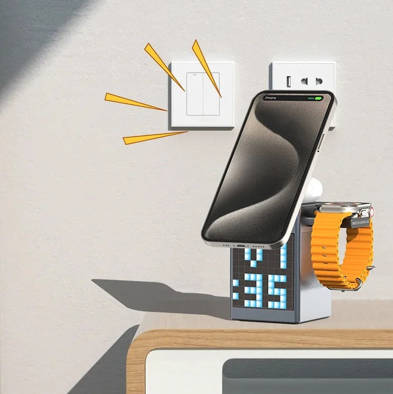 Premium iPhone 6-in-1 Magnetic Wireless Charging Station, 15W Fast-Charge Stand with Bluetooth Speaker, Alarm Clock & Multi-Device Support