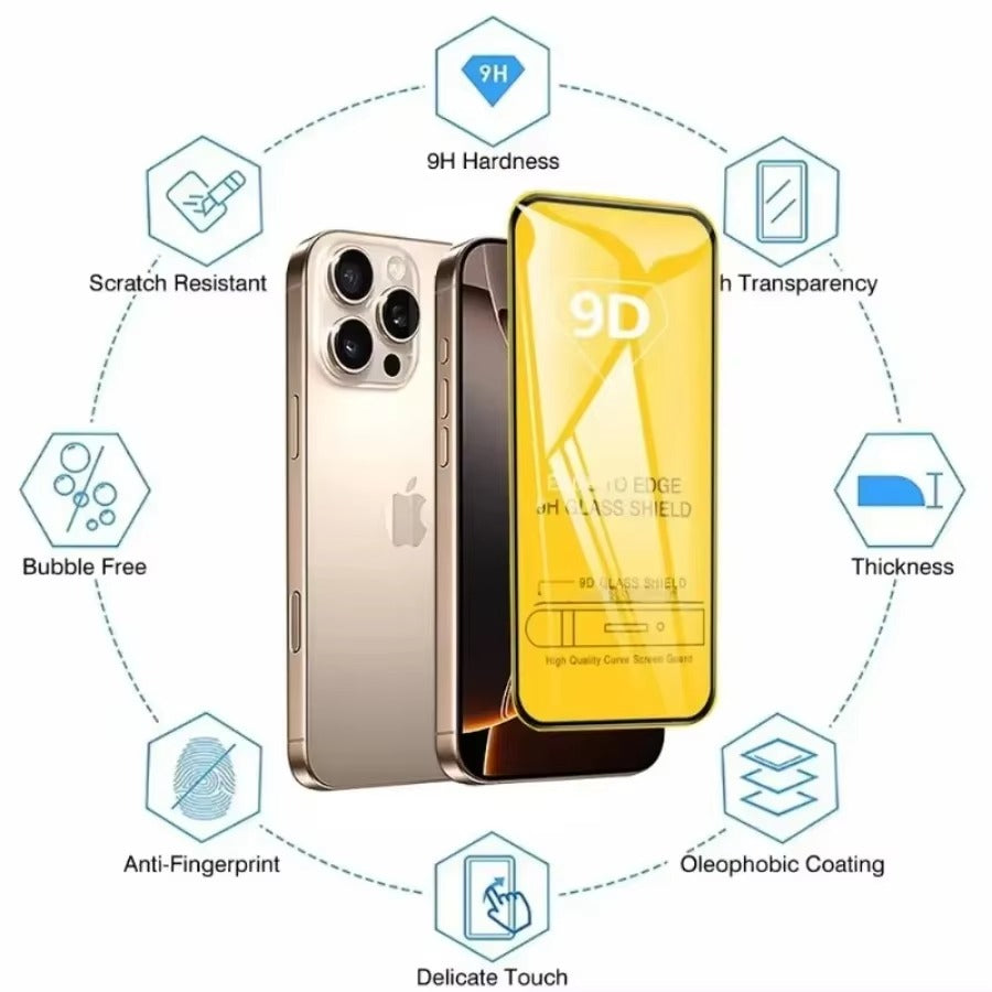 Premium iPhone 9D Tempered Glass Screen Protector – Clear HD Front Protection, Anti-Fingerprint, Anti-Scratch & Shatter-Resistant Protective Glass