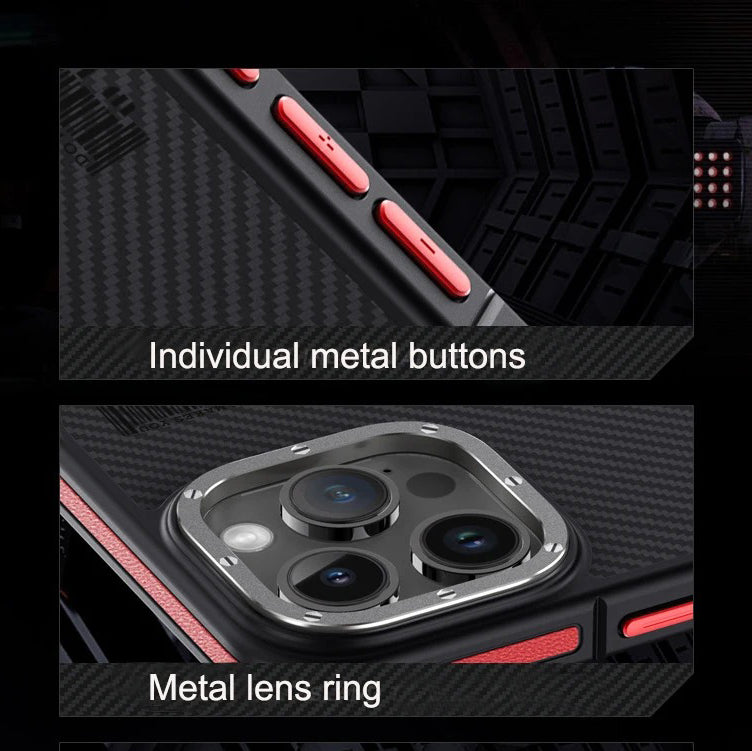 Premium iPhone Case — 600D Kevlar Series Magnetic Cover with Metal Camera Ring, Half-Wrapped Dual-Layer Carbon Fiber Protection & Anti-Fingerprint Design