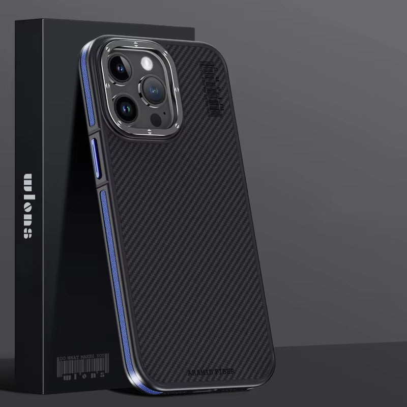 Premium iPhone Case — 600D Kevlar Series Magnetic Cover with Metal Camera Ring, Half-Wrapped Dual-Layer Carbon Fiber Protection & Anti-Fingerprint Design