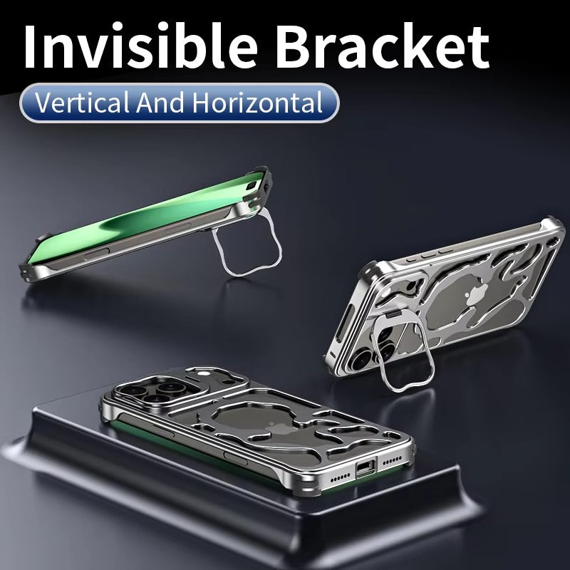 Premium iPhone Case — Magnetic Hollow Metal Cover with Breathable Heat-Dissipating Design and Built-In Stand Bracket