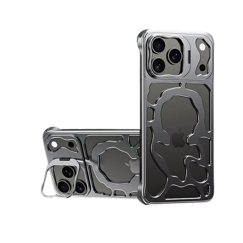 Premium iPhone Case — Magnetic Hollow Metal Cover with Breathable Heat-Dissipating Design and Built-In Stand Bracket