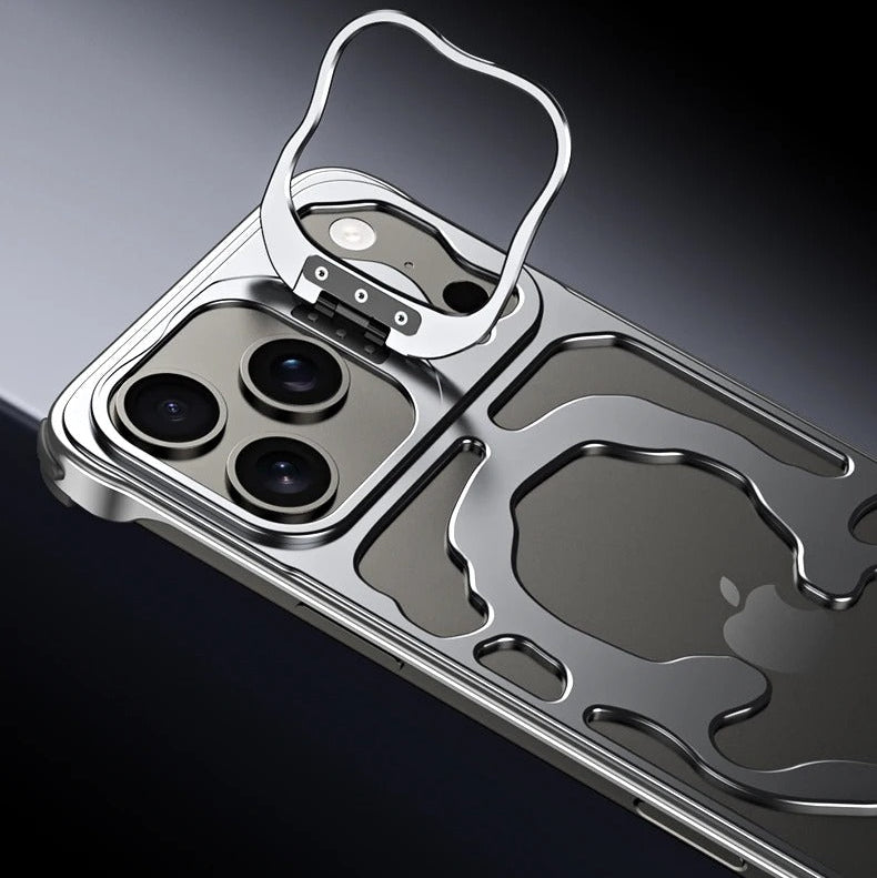 Premium iPhone Case — Magnetic Hollow Metal Cover with Breathable Heat-Dissipating Design and Built-In Stand Bracket
