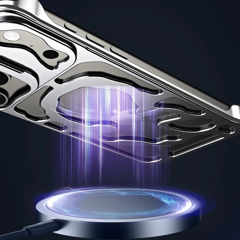 Premium iPhone Case — Magnetic Hollow Metal Cover with Breathable Heat-Dissipating Design and Built-In Stand Bracket