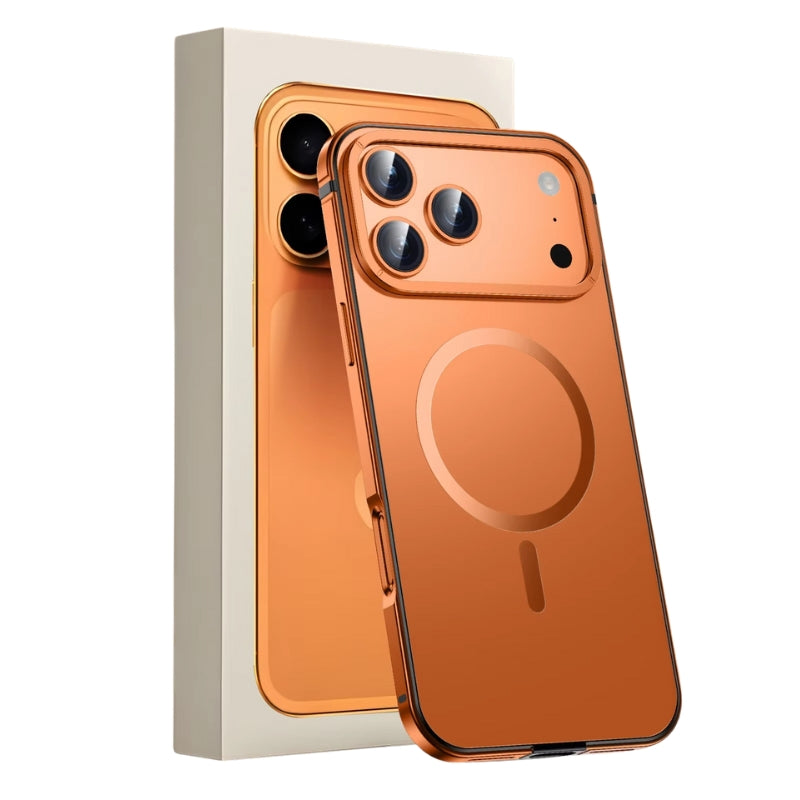 Premium iPhone Case — Orange Aluminum Alloy MagSafe Compatible Hard Shockproof Matte Cover with Magnetic Glass Protection, Anti-Scratch, Lightweight Design
