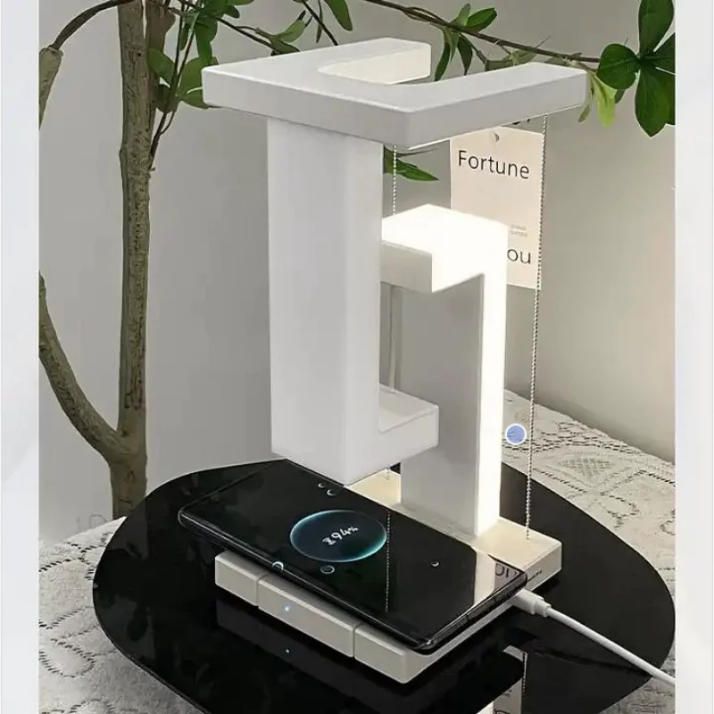 Premium iPhone Floating Desk Lamp with Wireless Charging, 10W Fast-Charge Bedside Light Featuring Air Charge Design, Phone Holder & USB Output