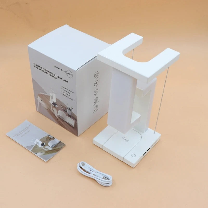 Premium iPhone Floating Desk Lamp with Wireless Charging, 10W Fast-Charge Bedside Light Featuring Air Charge Design, Phone Holder & USB Output