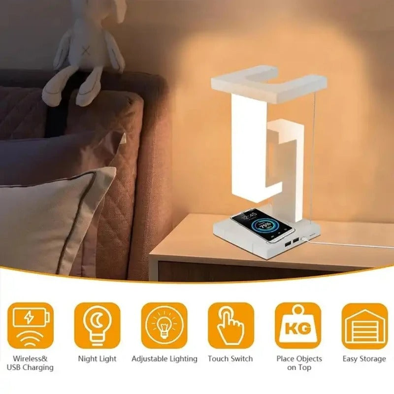 Premium iPhone Floating Desk Lamp with Wireless Charging, 10W Fast-Charge Bedside Light Featuring Air Charge Design, Phone Holder & USB Output