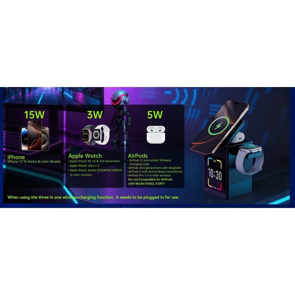 Premium iPhone Magnetic Wireless Charging Station, 15W Fast-Charge Stand with LED Display, Bluetooth Speaker & Alarm Clock