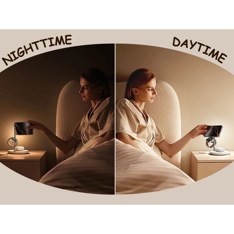 Premium iPhone Qi2 Magnetic Wireless Charging Station, 15W Fast-Charge Stand for Phone, Watch & Earbuds with LED Lamp Design