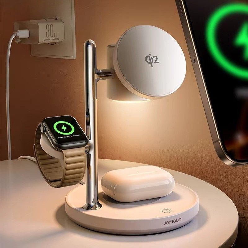 Premium iPhone Qi2 Magnetic Wireless Charging Station, 15W Fast-Charge Stand for Phone, Watch & Earbuds with LED Lamp Design