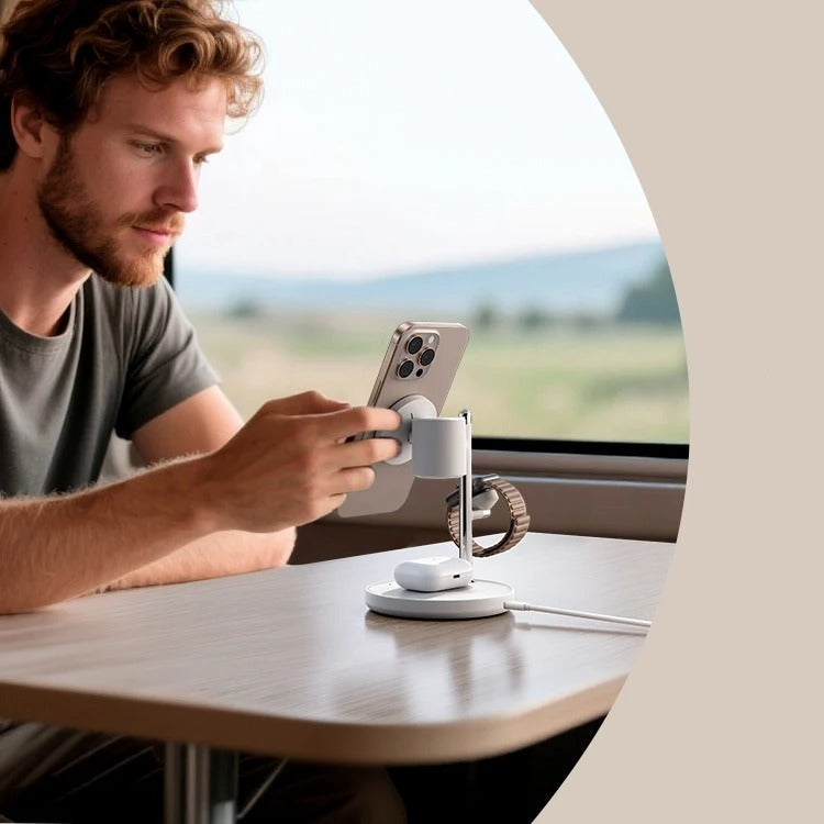 Premium iPhone Qi2 Magnetic Wireless Charging Station, 15W Fast-Charge Stand for Phone, Watch & Earbuds with LED Lamp Design