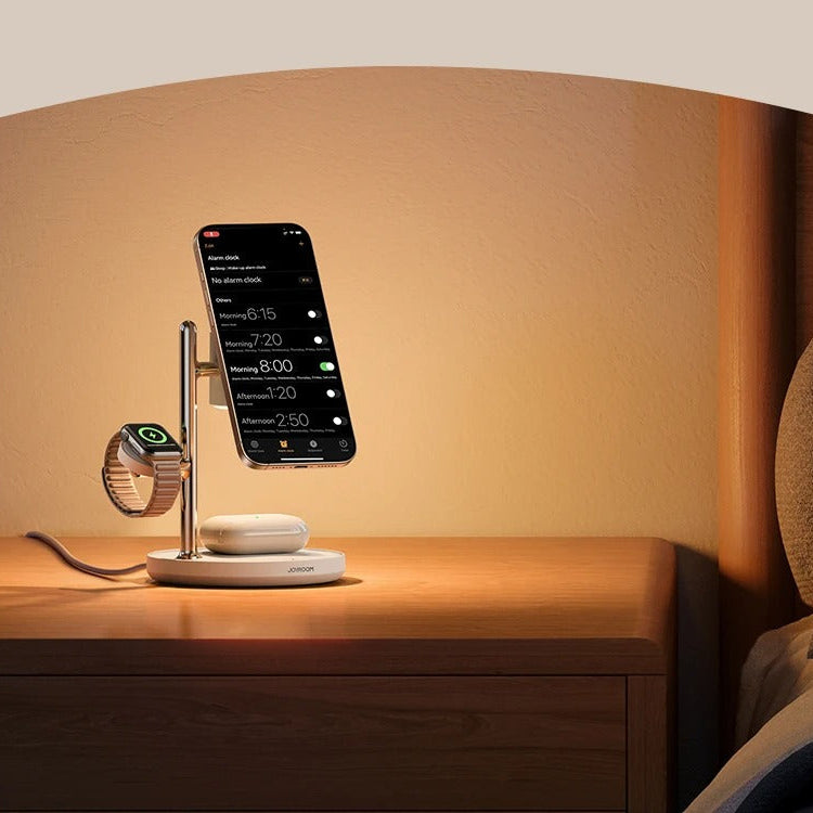 Premium iPhone Qi2 Magnetic Wireless Charging Station, 15W Fast-Charge Stand for Phone, Watch & Earbuds with LED Lamp Design