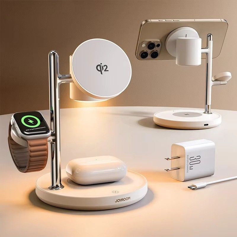 Premium iPhone Qi2 Magnetic Wireless Charging Station, 15W Fast-Charge Stand for Phone, Watch & Earbuds with LED Lamp Design