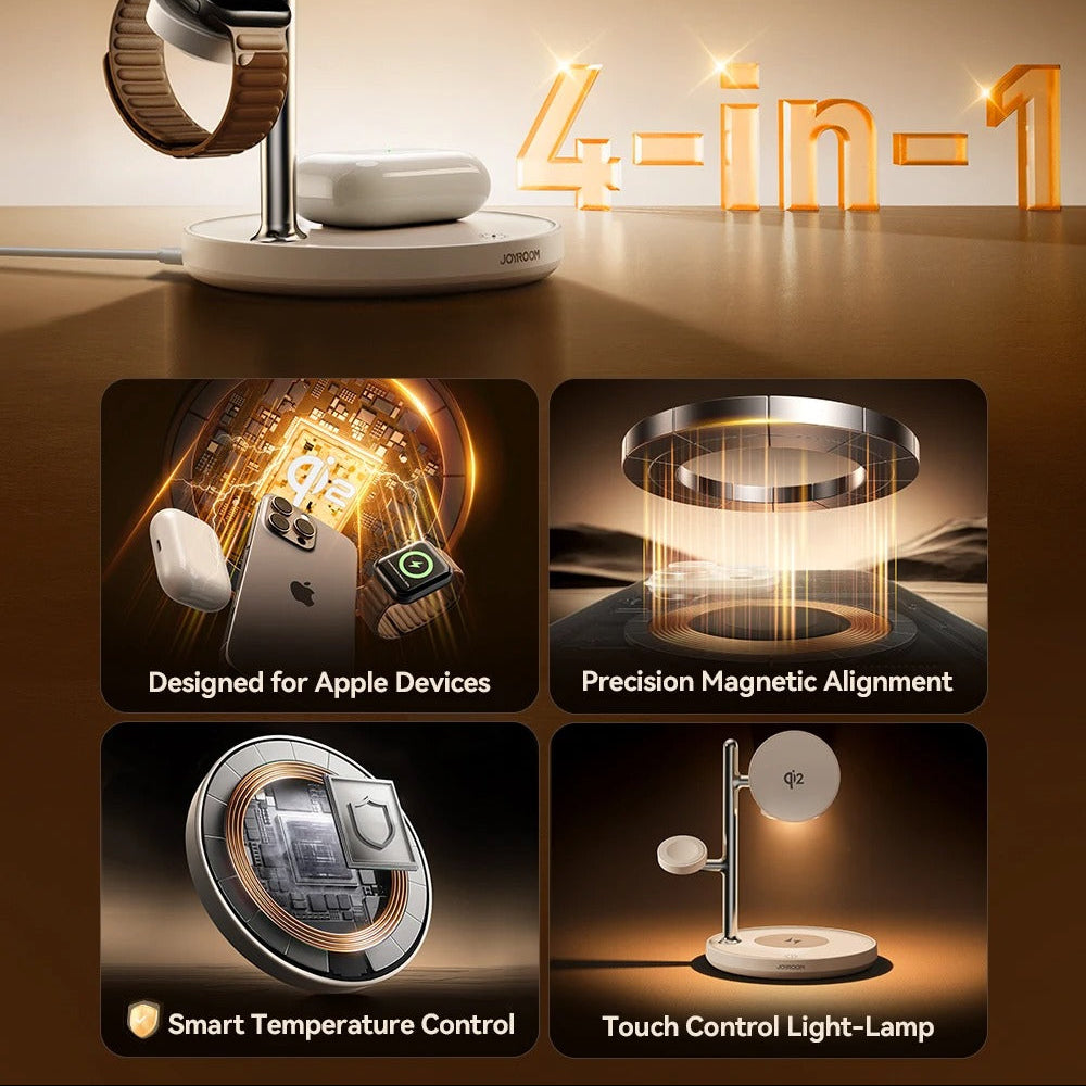 Premium iPhone Qi2 Magnetic Wireless Charging Station, 15W Fast-Charge Stand for Phone, Watch & Earbuds with LED Lamp Design