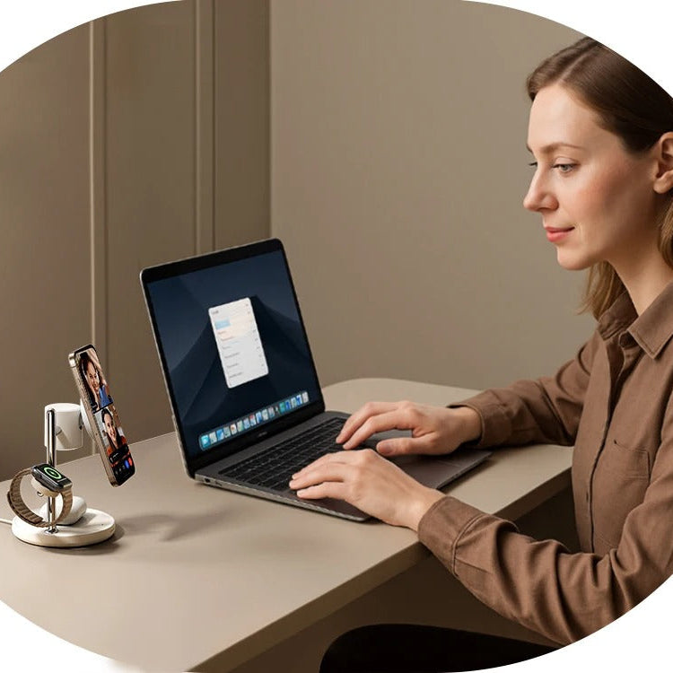 Premium iPhone Qi2 Magnetic Wireless Charging Station, 15W Fast-Charge Stand for Phone, Watch & Earbuds with LED Lamp Design