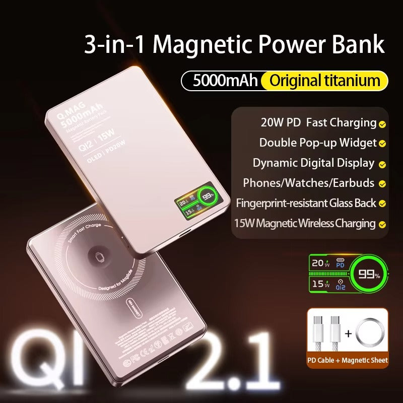 Premium iPhone Qi2 Magnetic Wireless Power Bank, 20W Fast-Charge Metal Portable Battery with Two-Way Wireless Charging Support