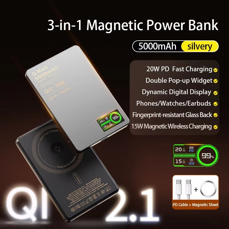 Premium iPhone Qi2 Magnetic Wireless Power Bank, 20W Fast-Charge Metal Portable Battery with Two-Way Wireless Charging Support