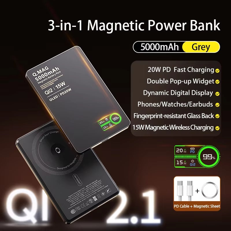 Premium iPhone Qi2 Magnetic Wireless Power Bank, 20W Fast-Charge Metal Portable Battery with Two-Way Wireless Charging Support