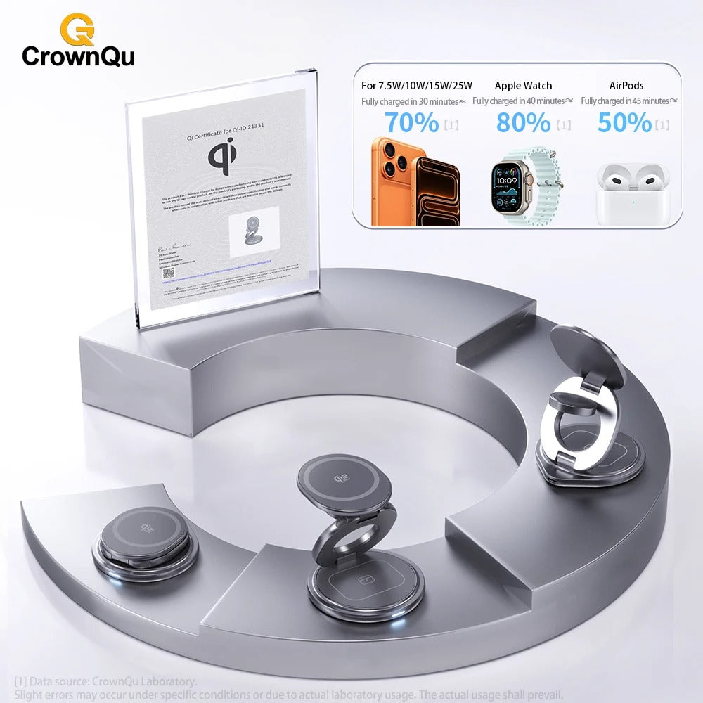 Premium iPhone Qi2 Wireless Charging Station, 25W Magnetic Fast-Charge Metal Stand with Foldable Design and 360° Rotation