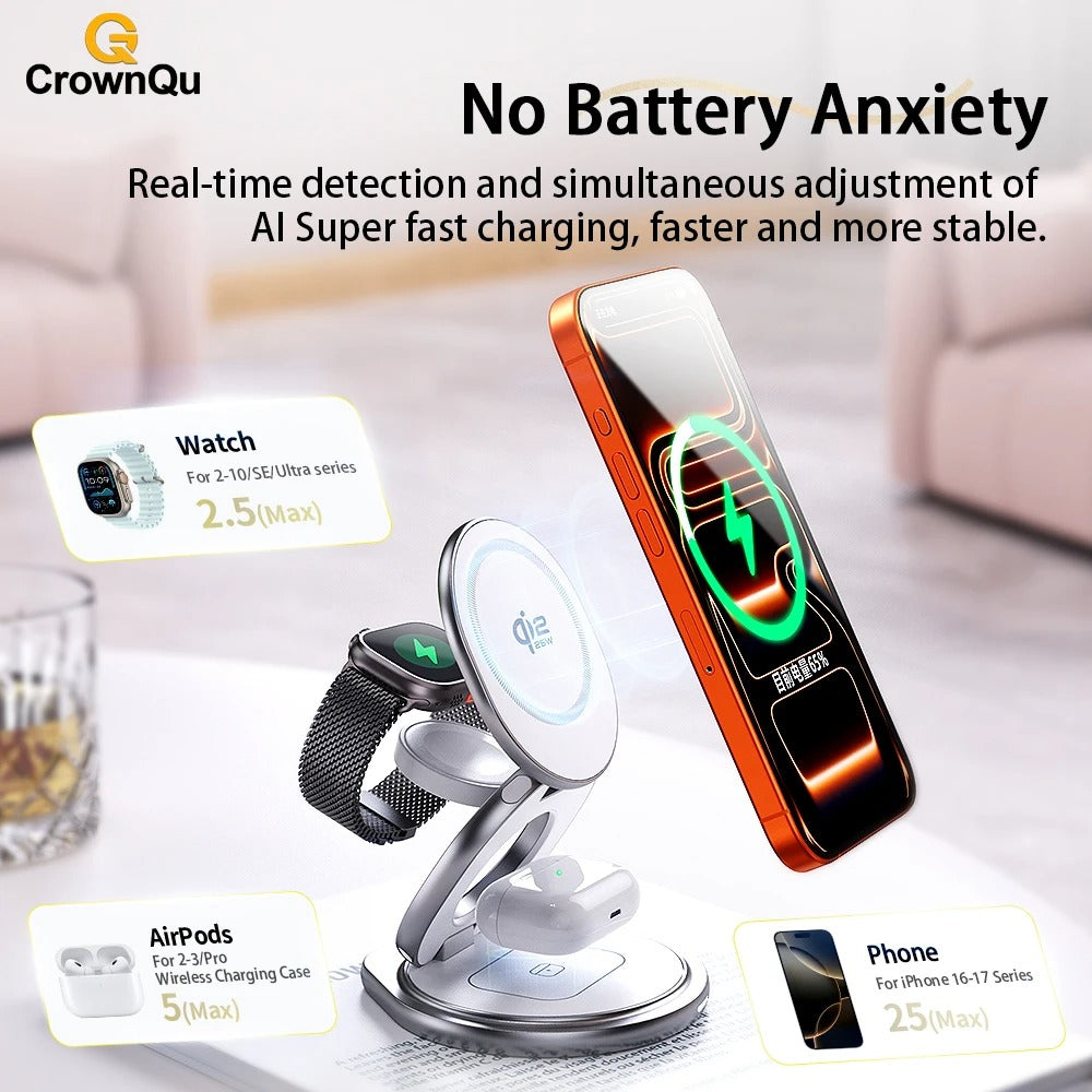 Premium iPhone Qi2 Wireless Charging Station, 25W Magnetic Fast-Charge Metal Stand with Foldable Design and 360° Rotation