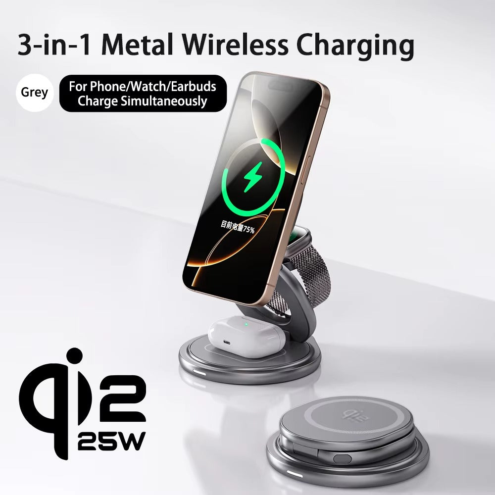 Premium iPhone Qi2 Wireless Charging Station, 25W Magnetic Fast-Charge Metal Stand with Foldable Design and 360° Rotation