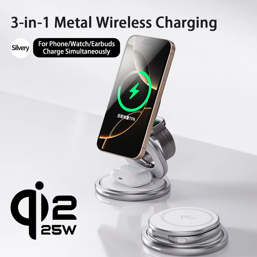 Premium iPhone Qi2 Wireless Charging Station, 25W Magnetic Fast-Charge Metal Stand with Foldable Design and 360° Rotation