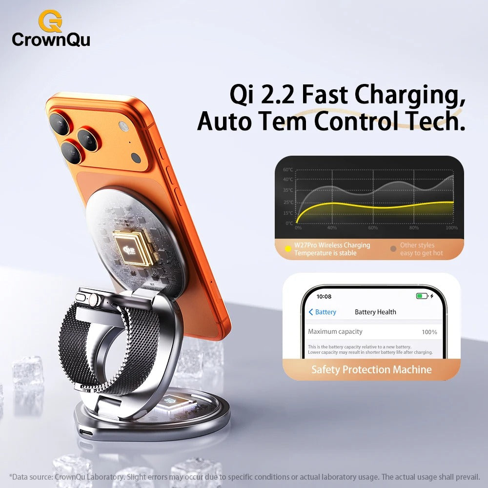 Premium iPhone Qi2 Wireless Charging Station, 25W Magnetic Fast-Charge Metal Stand with Foldable Design and 360° Rotation