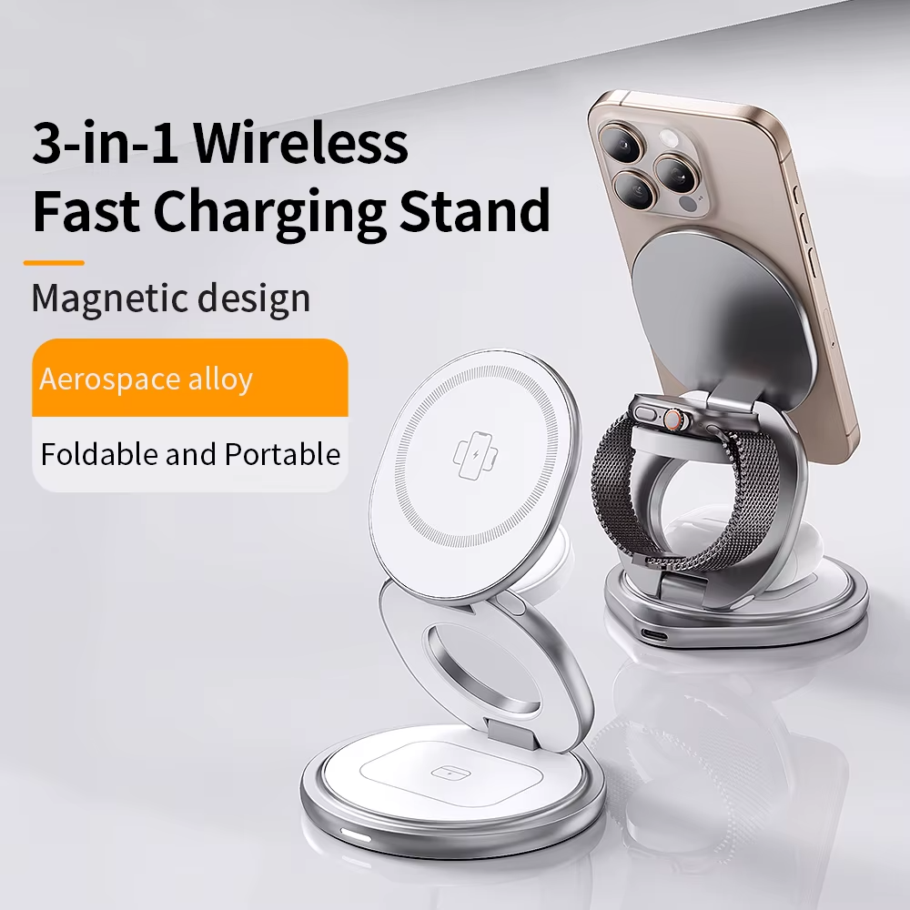 Premium iPhone Qi2 Wireless Charging Station, 25W Magnetic Fast-Charge Metal Stand with Foldable Design and 360° Rotation