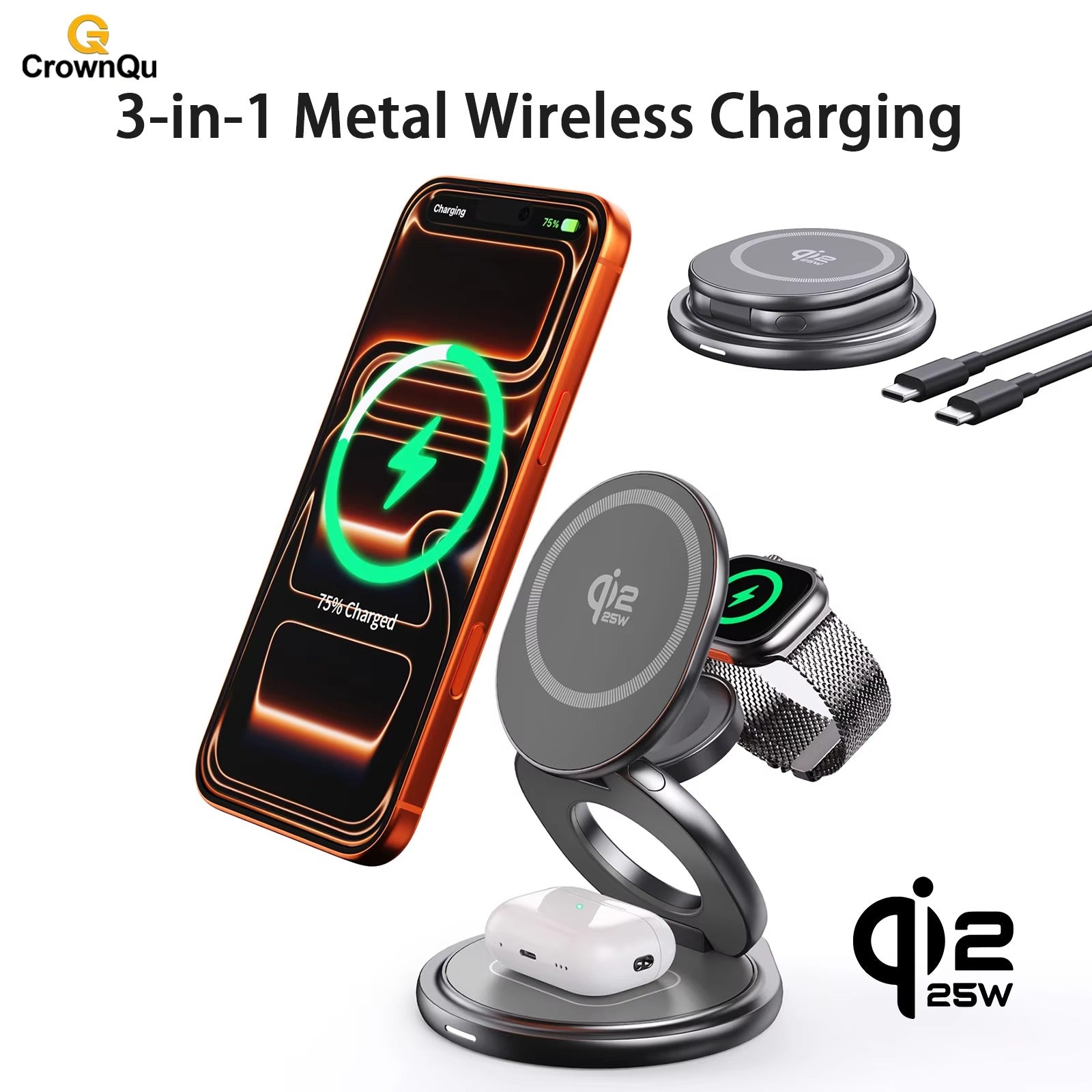 Premium iPhone Qi2 Wireless Charging Station, 25W Magnetic Fast-Charge Metal Stand with Foldable Design and 360° Rotation