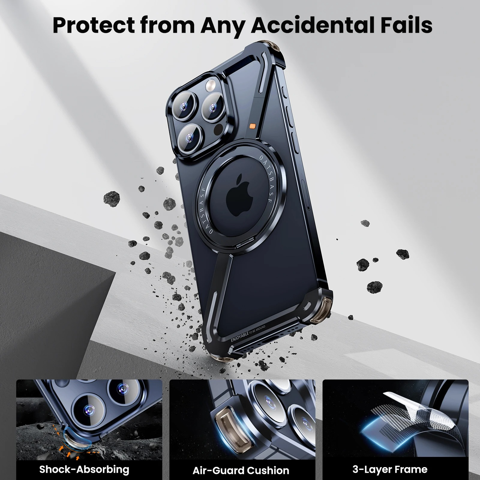 Rugged iPhone Case — Z-Shape Metal Shockproof Bumper with 360° Rotating Ring Holder, Magnetic, Wireless-Charging Compatible, Non-Slip Full Coverage