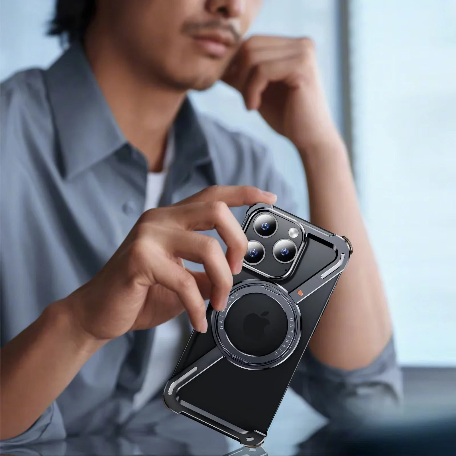 Rugged iPhone Case — Z-Shape Metal Shockproof Bumper with 360° Rotating Ring Holder, Magnetic, Wireless-Charging Compatible, Non-Slip Full Coverage