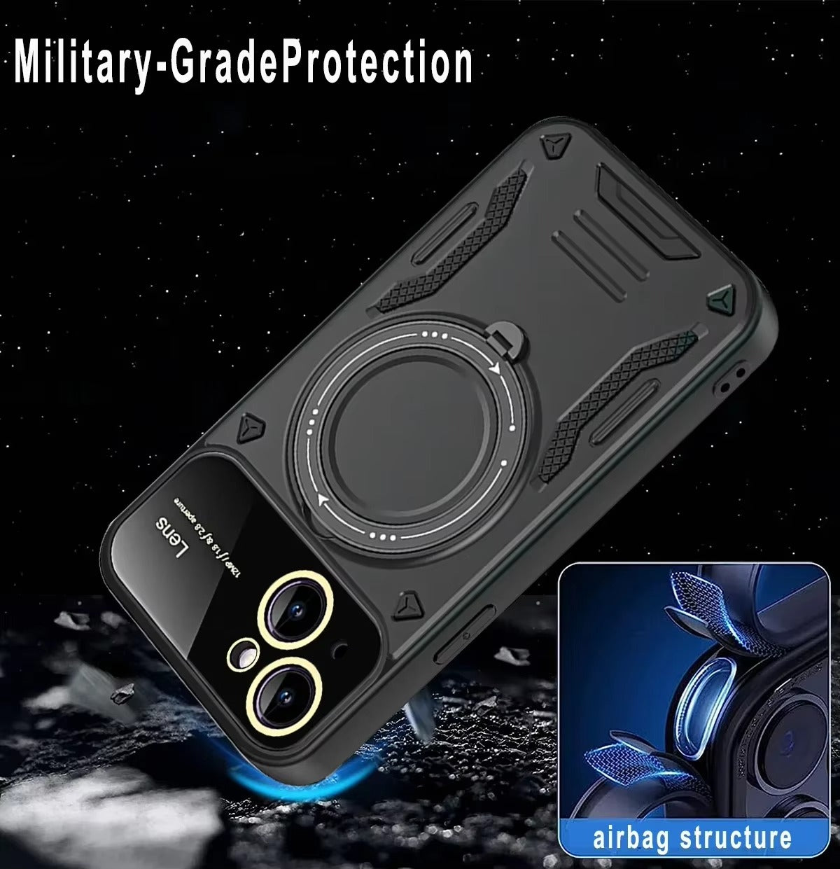 Rugged iPhone Armor Magnetic Case — 360° Rotating Holder, Shockproof Anti-Drop Protection, Lens Camera Safety, Durable Hybrid PC+TPU Cover