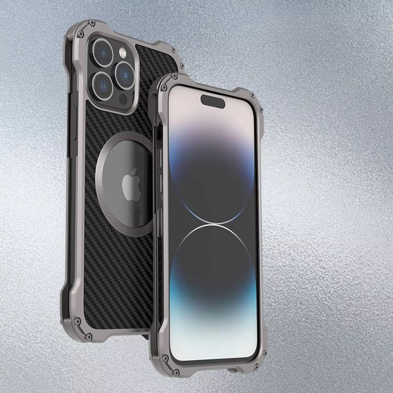 Rugged iPhone Case Carbon Fiber Magnetic Cover — Heavy Duty Metal Frame, MagSafe Wireless Charging Compatible, Shockproof Anti-Scratch Non-Slip Protection