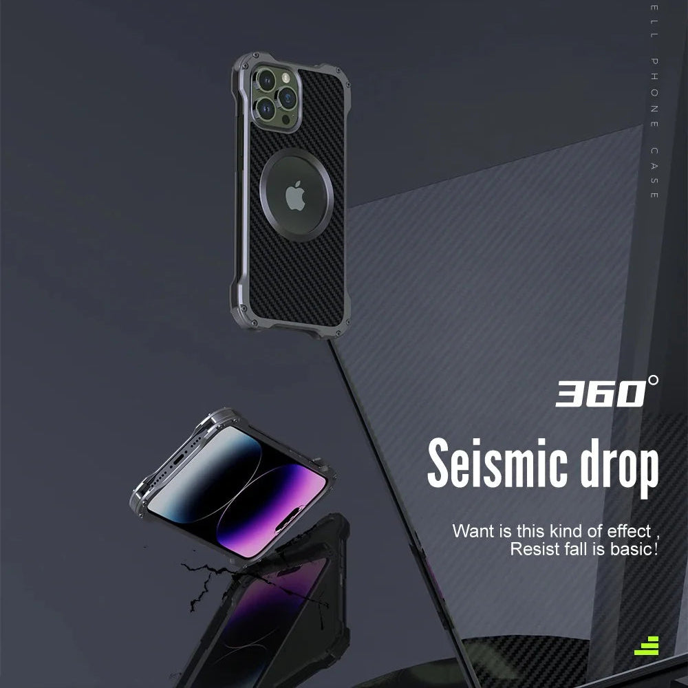 Rugged iPhone Case Carbon Fiber Magnetic Cover — Heavy Duty Metal Frame, MagSafe Wireless Charging Compatible, Shockproof Anti-Scratch Non-Slip Protection