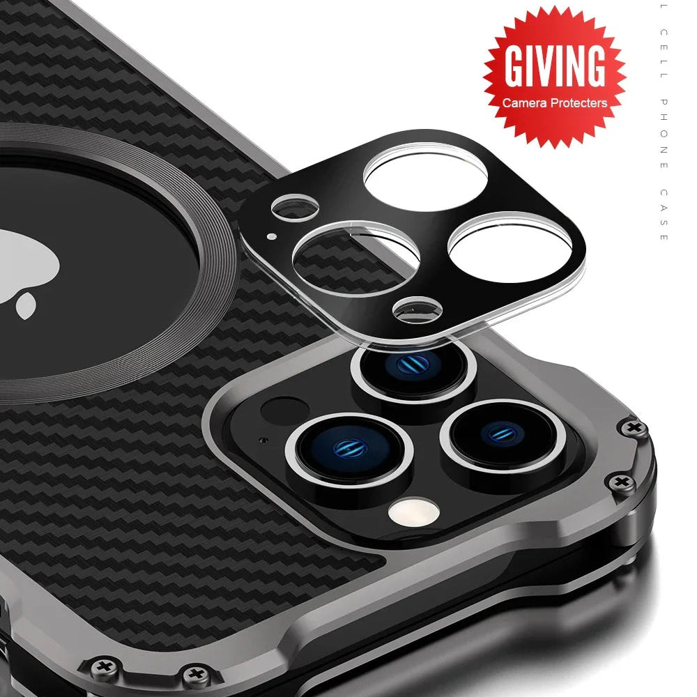 Rugged iPhone Case Carbon Fiber Magnetic Cover — Heavy Duty Metal Frame, MagSafe Wireless Charging Compatible, Shockproof Anti-Scratch Non-Slip Protection