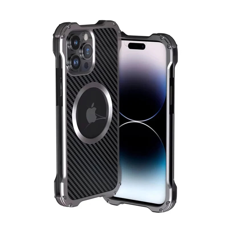 Rugged iPhone Case Carbon Fiber Magnetic Cover — Heavy Duty Metal Frame, MagSafe Wireless Charging Compatible, Shockproof Anti-Scratch Non-Slip Protection