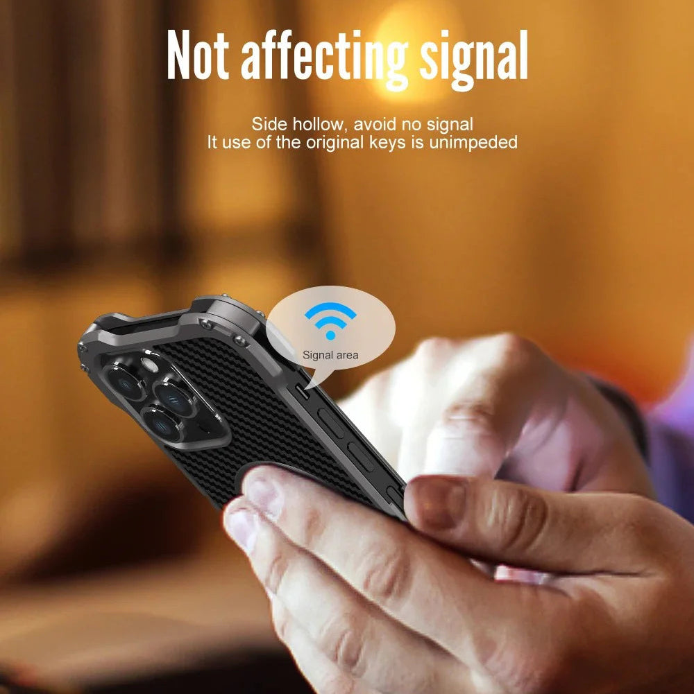 Rugged iPhone Case Carbon Fiber Magnetic Cover — Heavy Duty Metal Frame, MagSafe Wireless Charging Compatible, Shockproof Anti-Scratch Non-Slip Protection