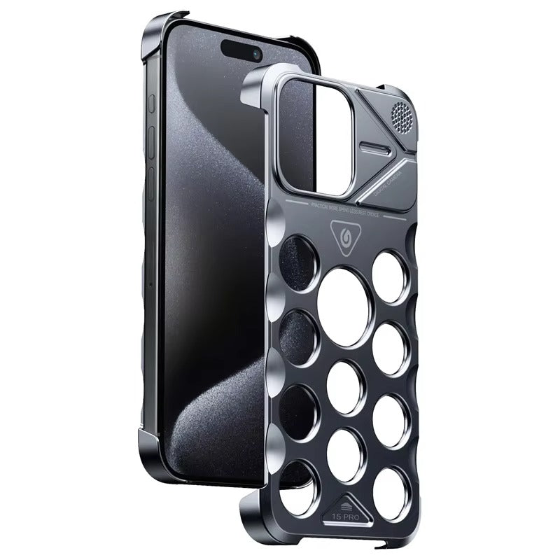Rugged iPhone Case Shockproof Metal Cooling Armor — Aluminum Alloy Hollow Frameless Anti-Drop Cover, Matte Anti-Glare, Scratch-Resistant, Non-Slip