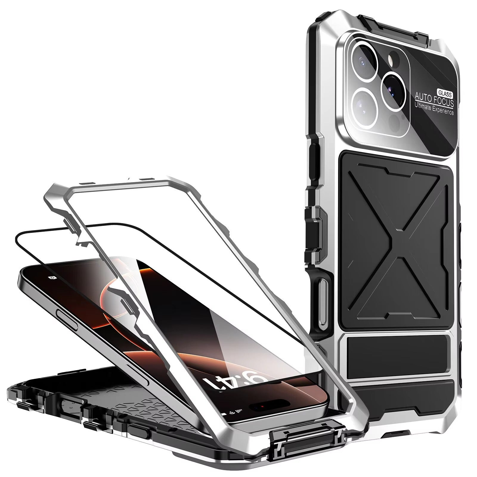 Rugged iPhone Case — 360° Full-Body Shockproof Aluminum Armor Cover with Tempered Glass Protection, Metal Lock Catch, Kickstand and Heavy-Duty Anti-Fall Design