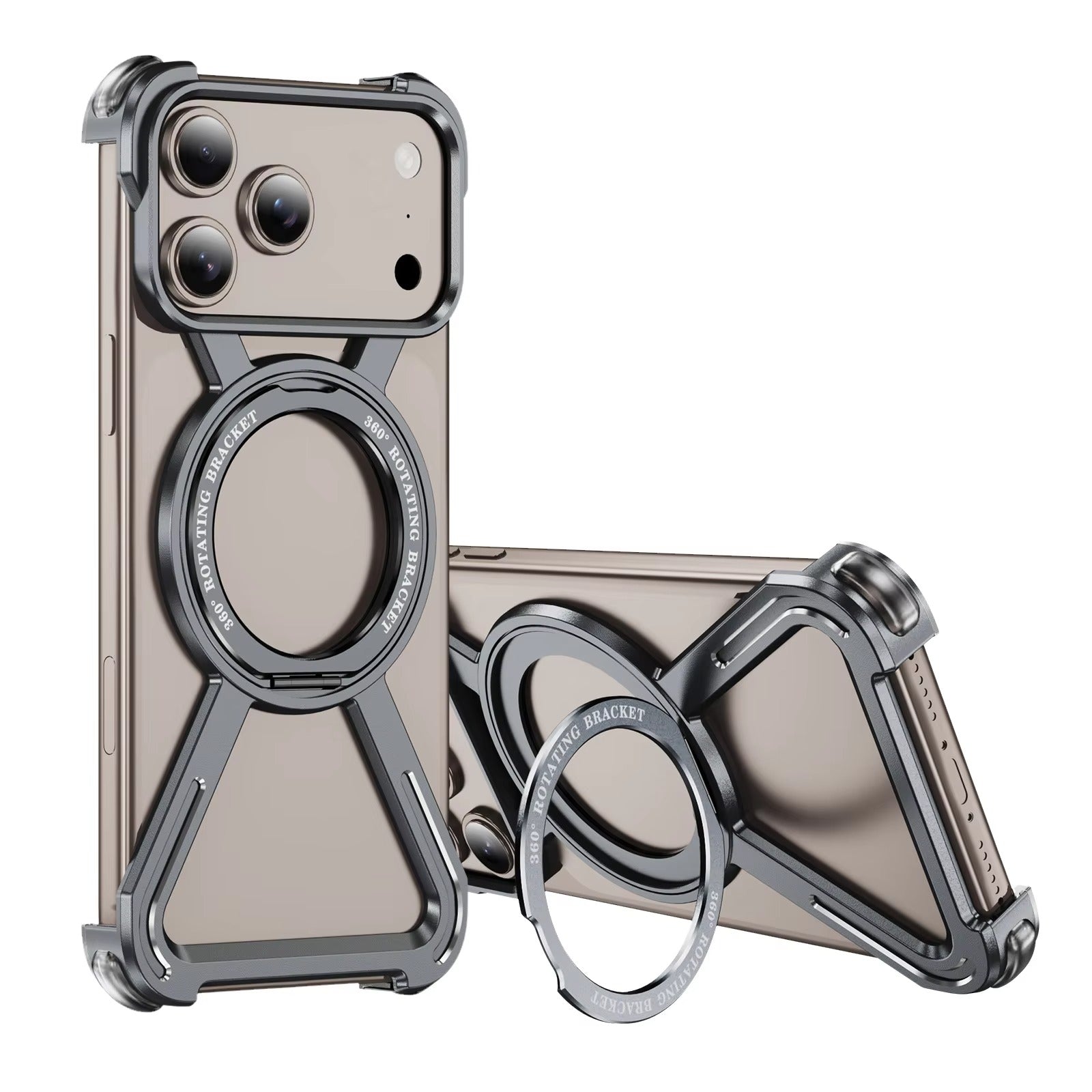 Rugged iPhone Case — Aluminum Alloy Metal Bumper Cover with 360° Rotating Magnetic Kickstand, Airbag Anti-Drop Protection and Durable Shockproof Design