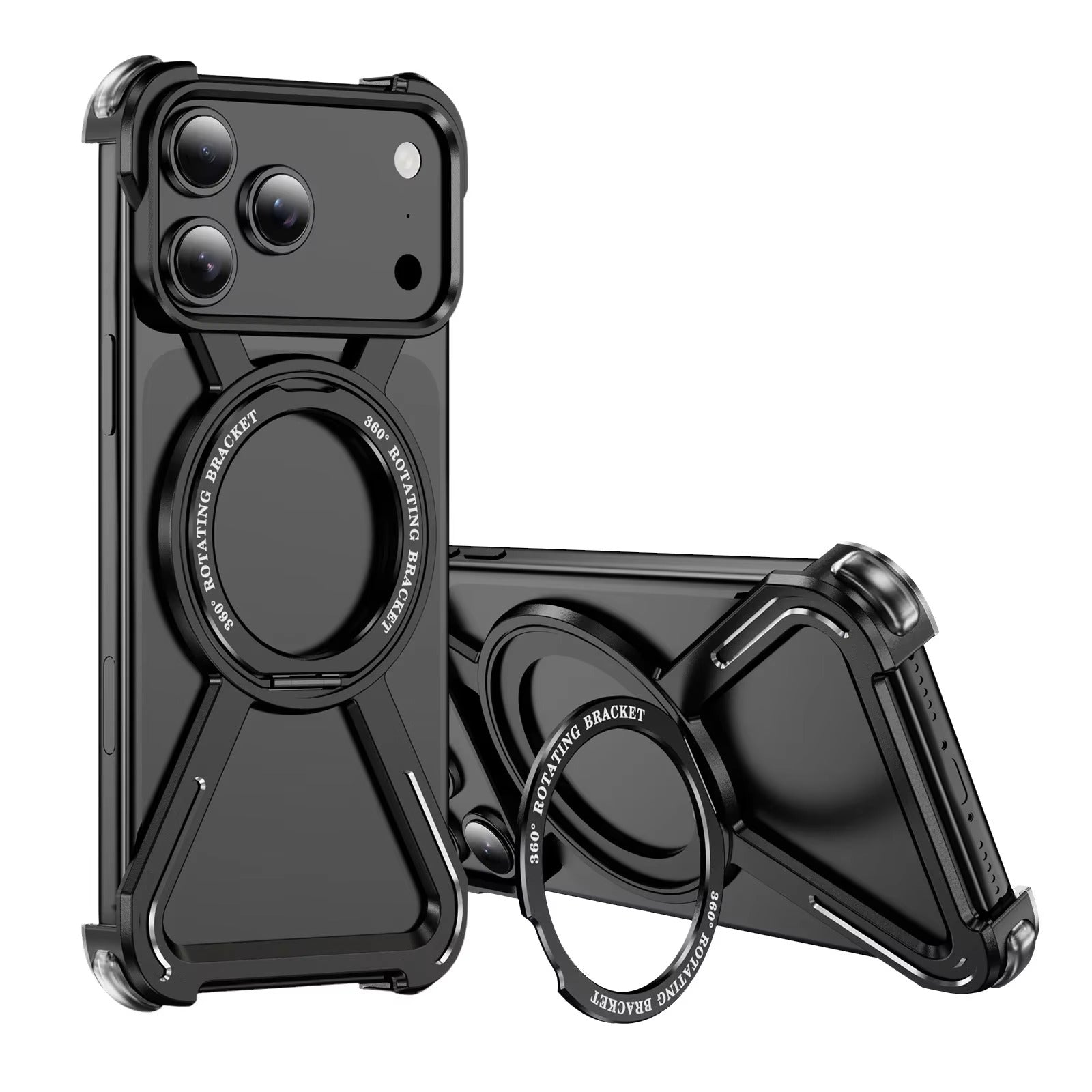 Rugged iPhone Case — Aluminum Alloy Metal Bumper Cover with 360° Rotating Magnetic Kickstand, Airbag Anti-Drop Protection and Durable Shockproof Design