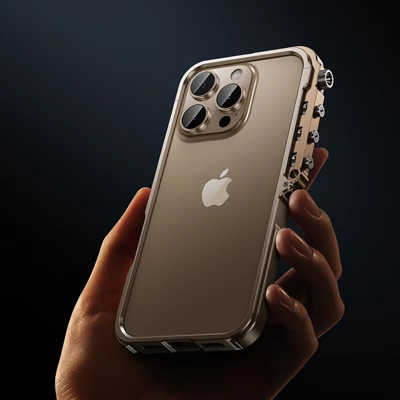 Rugged iPhone Case — Full-Metal Mechanical Mecha Cover with Military-Grade Shockproof Aluminum Design, Lightweight Drop-Proof Protection and Lanyard Support