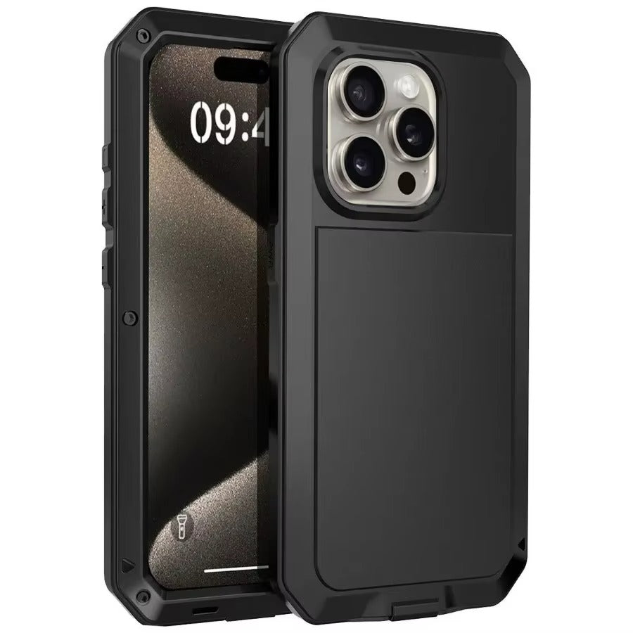 Rugged iPhone Case — Heavy-Duty Aluminum Alloy Armor Cover with Dual-Layer Metal + TPU Protection, Shockproof Screen Guard, IP54 Dustproof Anti-Fingerprint Design