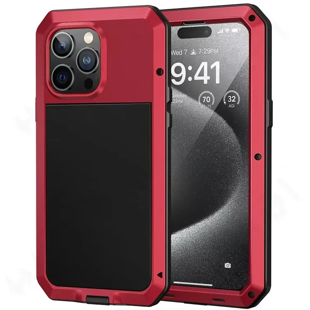 Rugged iPhone Case — Heavy-Duty Aluminum Alloy Armor Cover with Dual-Layer Metal + TPU Protection, Shockproof Screen Guard, IP54 Dustproof Anti-Fingerprint Design